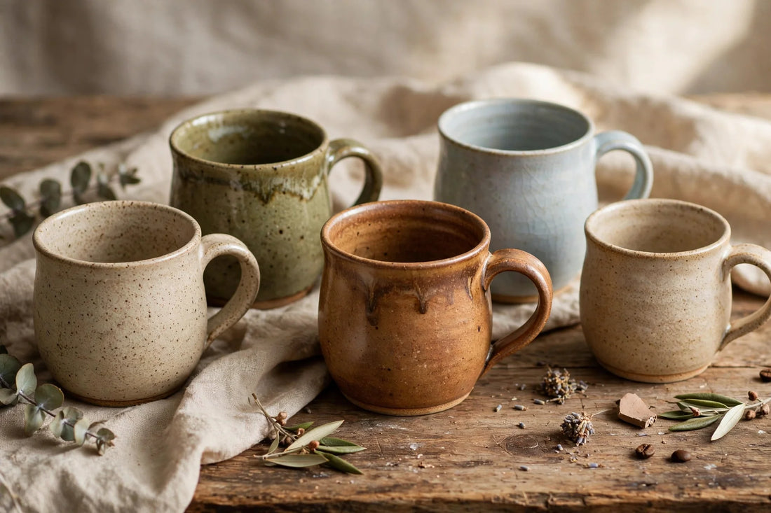 Artisanal ceramic mugs with subtle glaze variations on a rustic wooden surface, bathed in soft natural light.