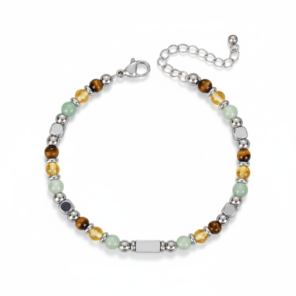 Prosperity Crystal Bracelet – Green Aventurine Citrine Tiger Eye Engravable Silver Bar Adjustable Wealth Bracelet