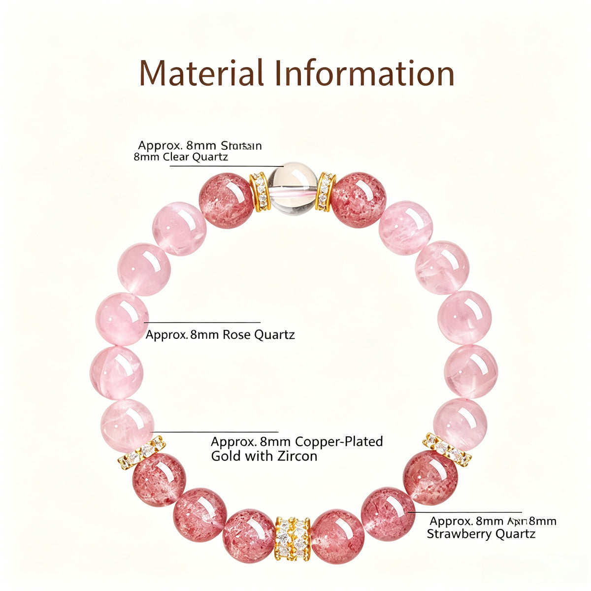 Strawberry Quartz & Rose Quartz Bracelet – Gold Rhinestone Spacer Love Healing Crystal Stretch Bracelet for Women
