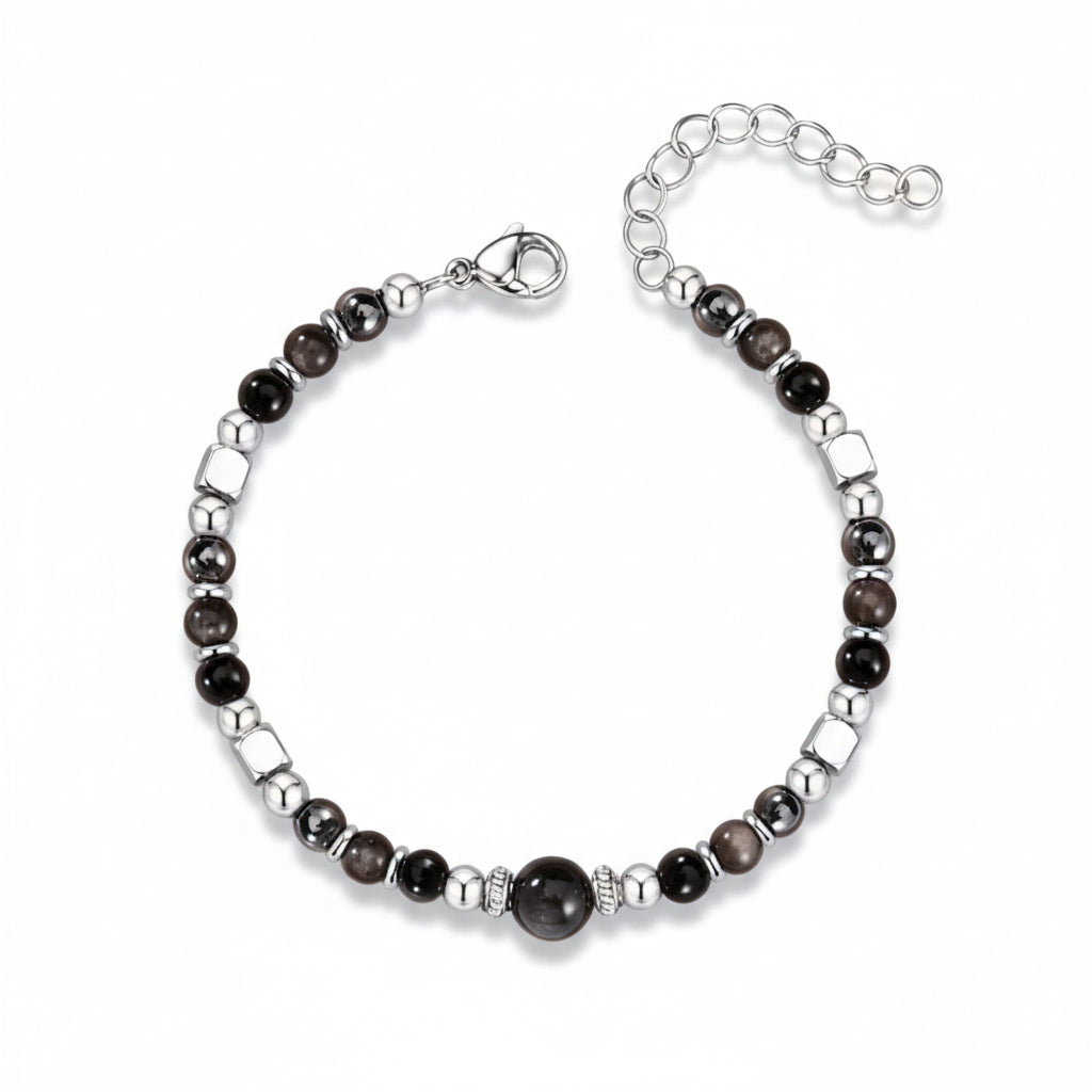 Labradorite Healing Crystal Bracelet – Rose Quartz Obsidian Smoky Quartz Adjustable Silver Bracelet for Anxiety Relief & Intuition