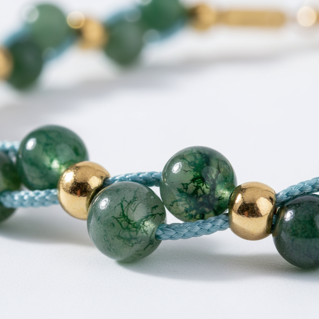 天然水草玛瑙与14K镀金珠微距细节图