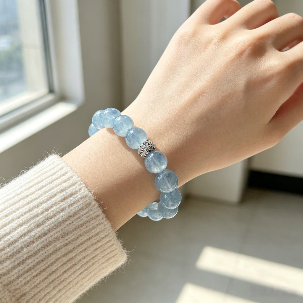 Natural Aquamarine Beaded Bracelet – Icy Blue Healing Crystal Jewelry