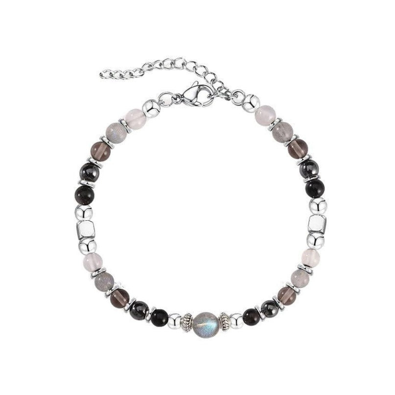 Labradorite Healing Crystal Bracelet – Rose Quartz Obsidian Smoky Quartz Adjustable Silver Bracelet for Anxiety Relief & Intuition