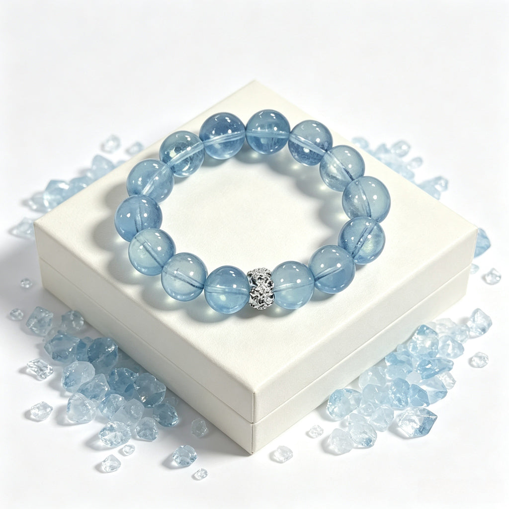 Natural Aquamarine Beaded Bracelet – Icy Blue Healing Crystal Jewelry