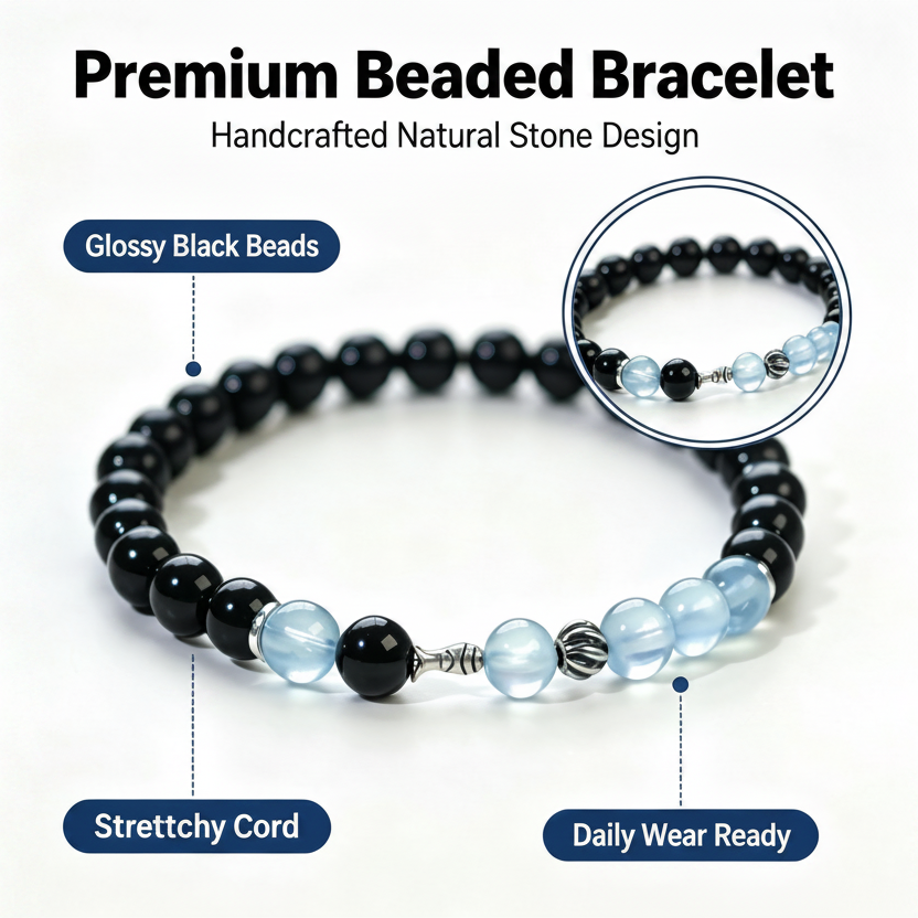 Natural Aquamarine & Obsidian Bracelet for Women – Healing Crystal Beaded Bracelet | Gemstone Jewelry Gift