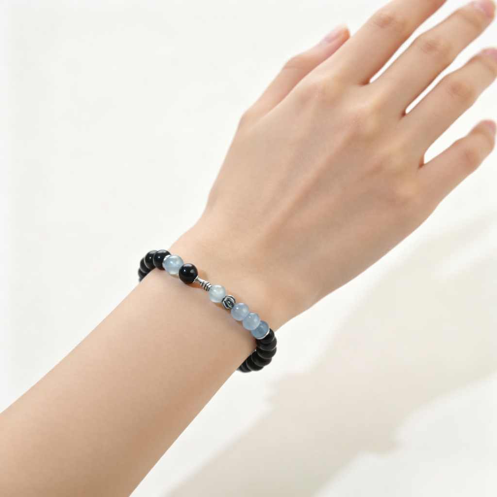 Natural Aquamarine & Obsidian Bracelet for Women – Healing Crystal Beaded Bracelet | Gemstone Jewelry Gift
