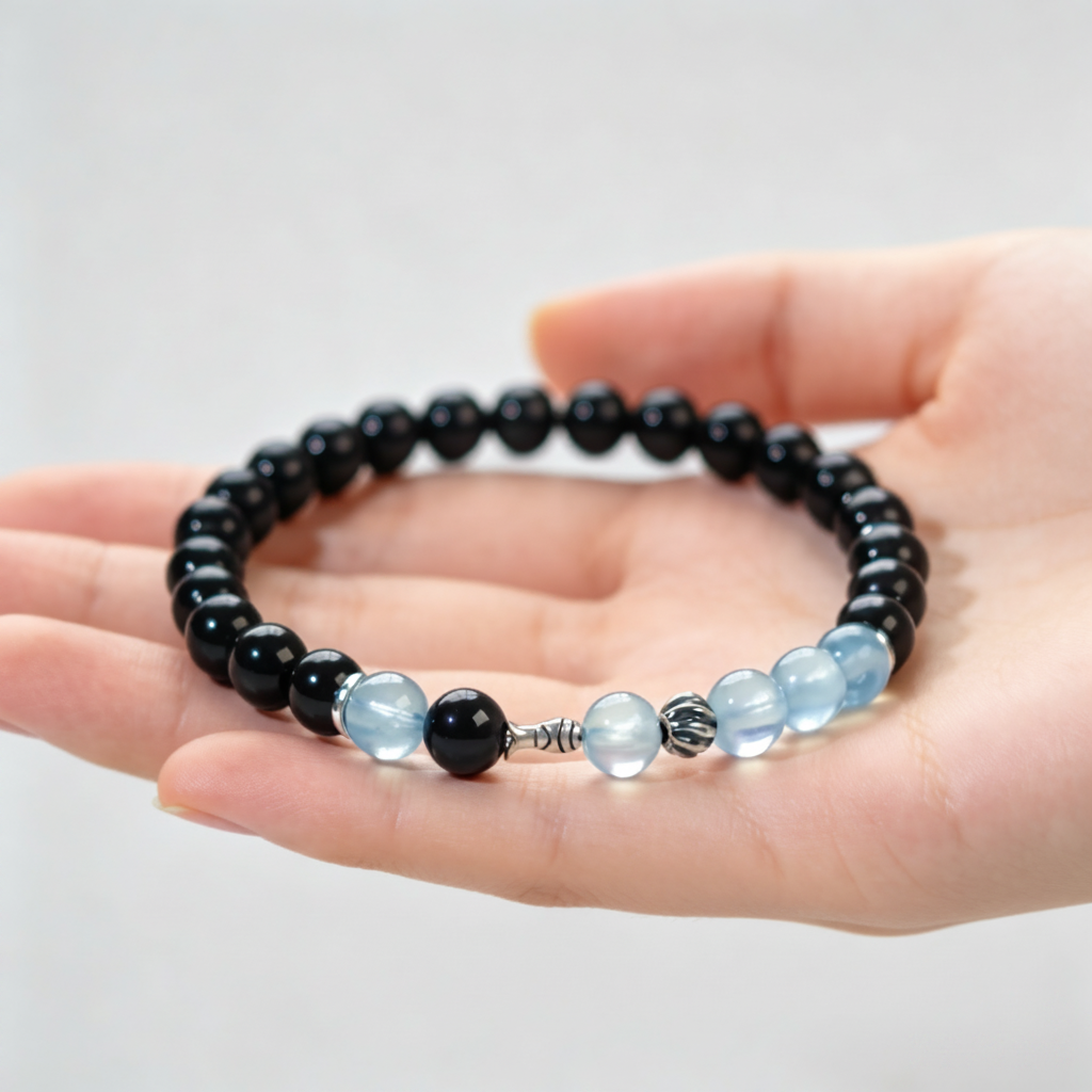 Natural Aquamarine & Obsidian Bracelet for Women – Healing Crystal Beaded Bracelet | Gemstone Jewelry Gift