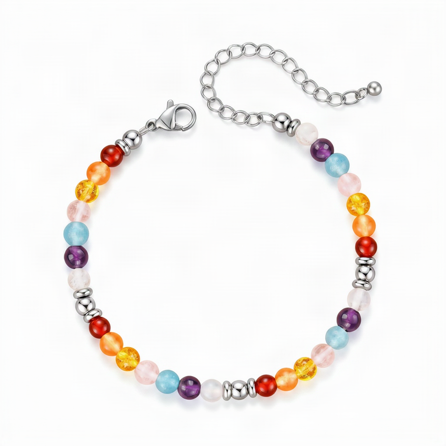 7 Chakra Crystal Bracelet White Background Top-Down View