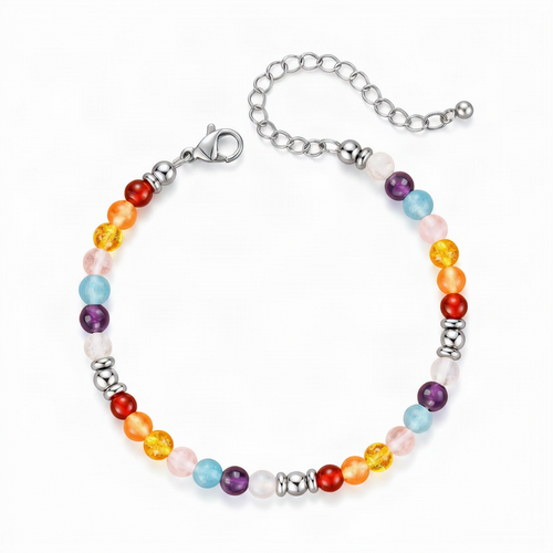 7 Chakra Crystal Bracelet White Background Top-Down View