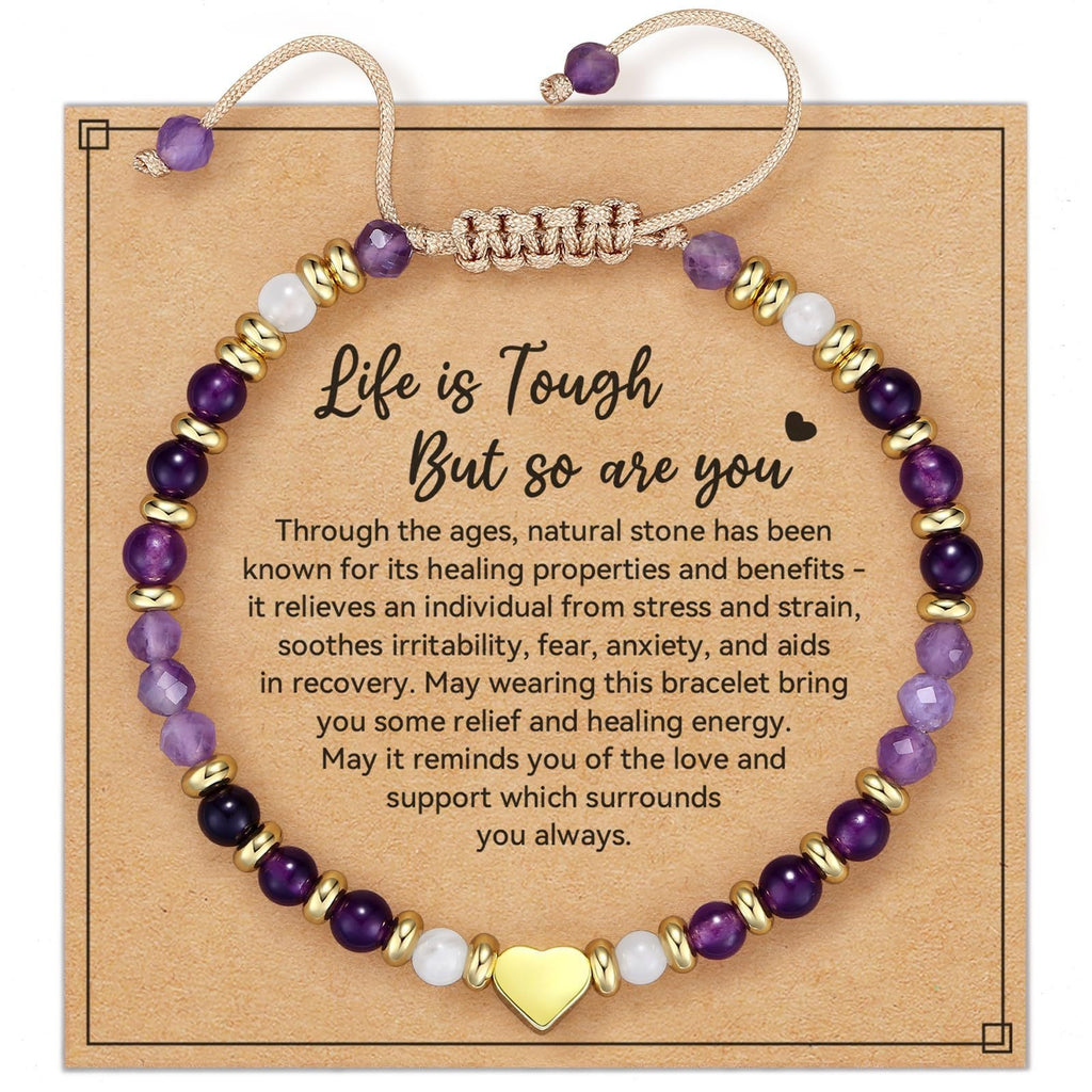 Gold Heart Tiger Eye Boho Wish Bracelet – Picture Jasper & Pink Crystal Adjustable Cord Bracelet for Women