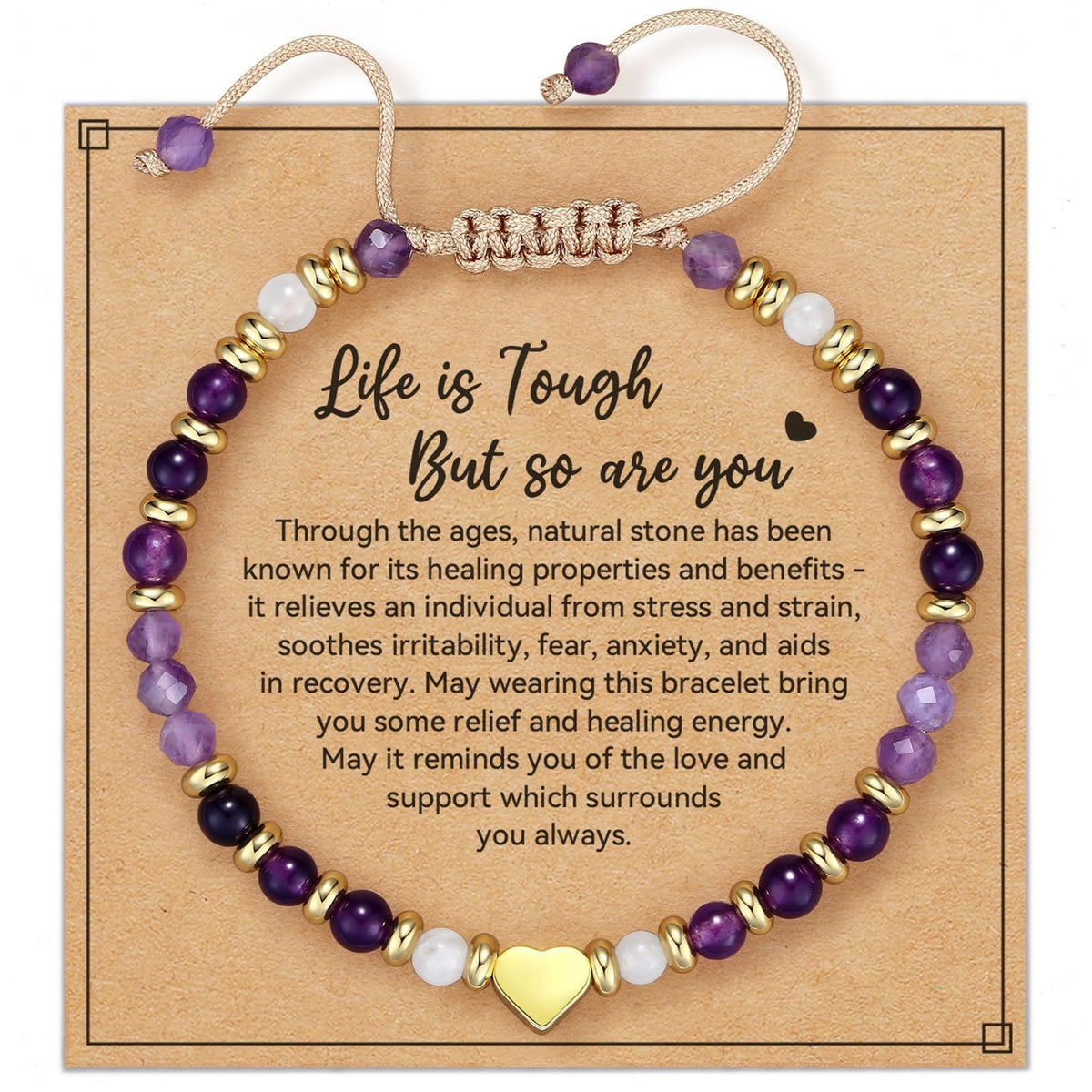 Gold Heart Tiger Eye Boho Wish Bracelet – Picture Jasper & Pink Crystal Adjustable Cord Bracelet for Women
