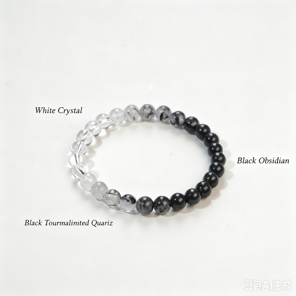 Natural Clear Quartz & Obsidian Gradient Bracelet – Black Rutilated Healing Energy Jewelry