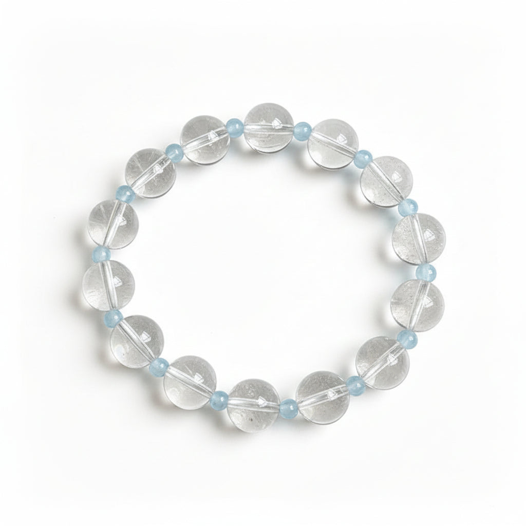 Clear Quartz & Aquamarine Bracelet – Throat Chakra Healing Crystal Stretch Bracelet for Calm, Clarity & Stress Relief