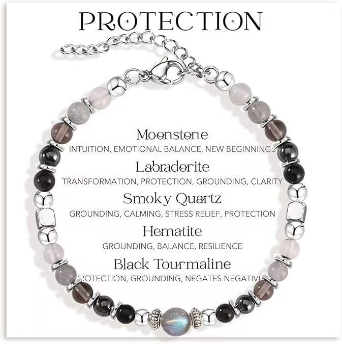 Labradorite Healing Crystal Bracelet – Rose Quartz Obsidian Smoky Quartz Adjustable Silver Bracelet for Anxiety Relief & Intuition