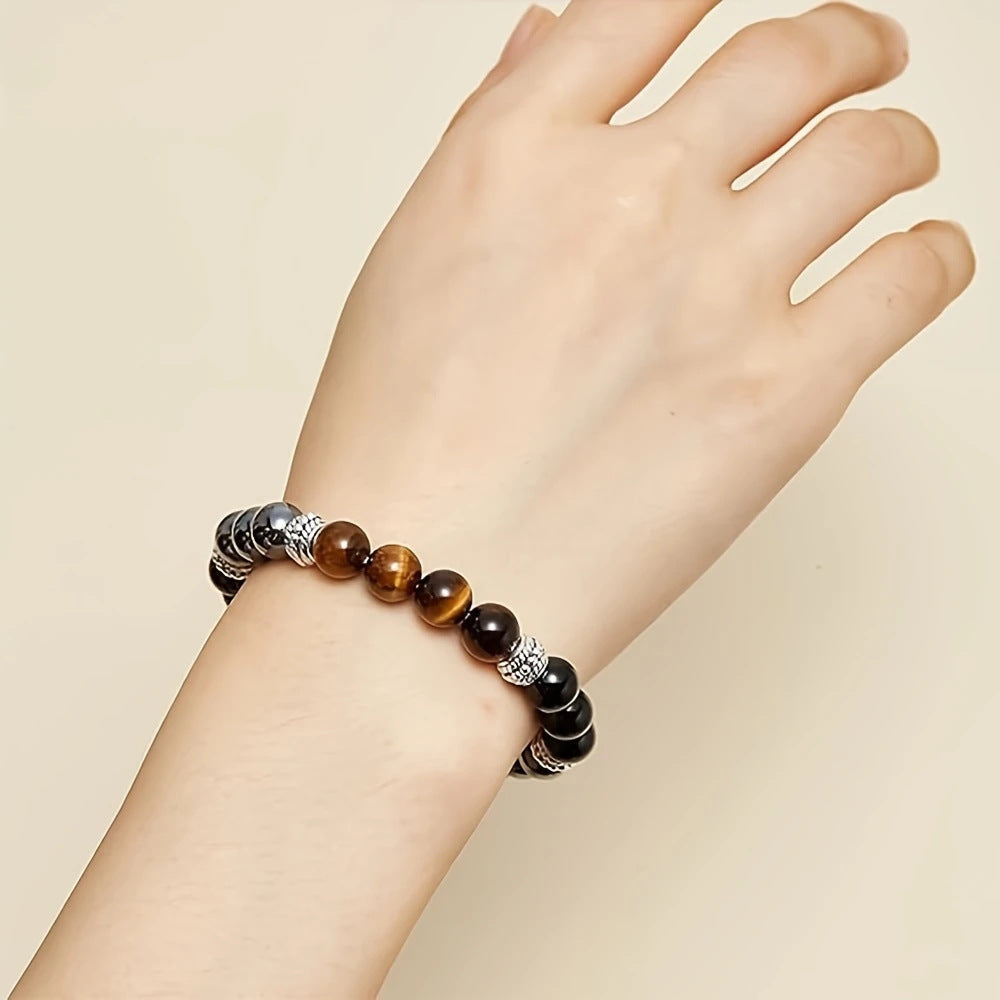 Hematite Red Turquoise & Obsidian Beaded Bracelet – Vintage Silver Spacer Grounding Protection Healing Gemstone Bracelet Unisex