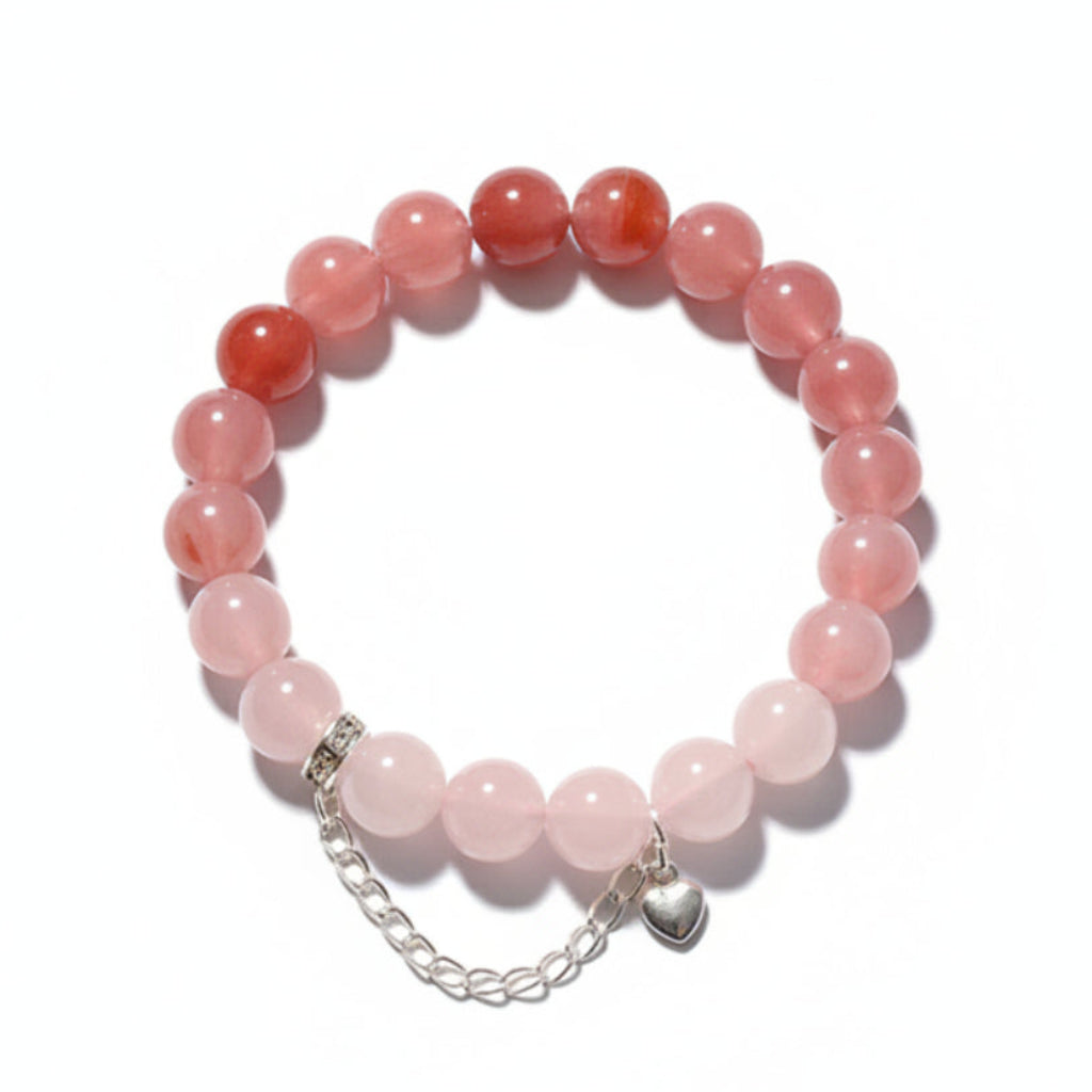 Gradient Red Agate & Rose Quartz Bracelet – Silver Heart Charm Healing Crystal Stretch Bracelet for Love & Self-Confidence