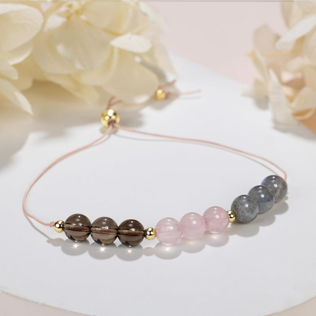 Grief Healing Sympathy Bracelet – Smoky Quartz Rose Quartz Labradorite Adjustable Crystal Bracelet with Gift Card