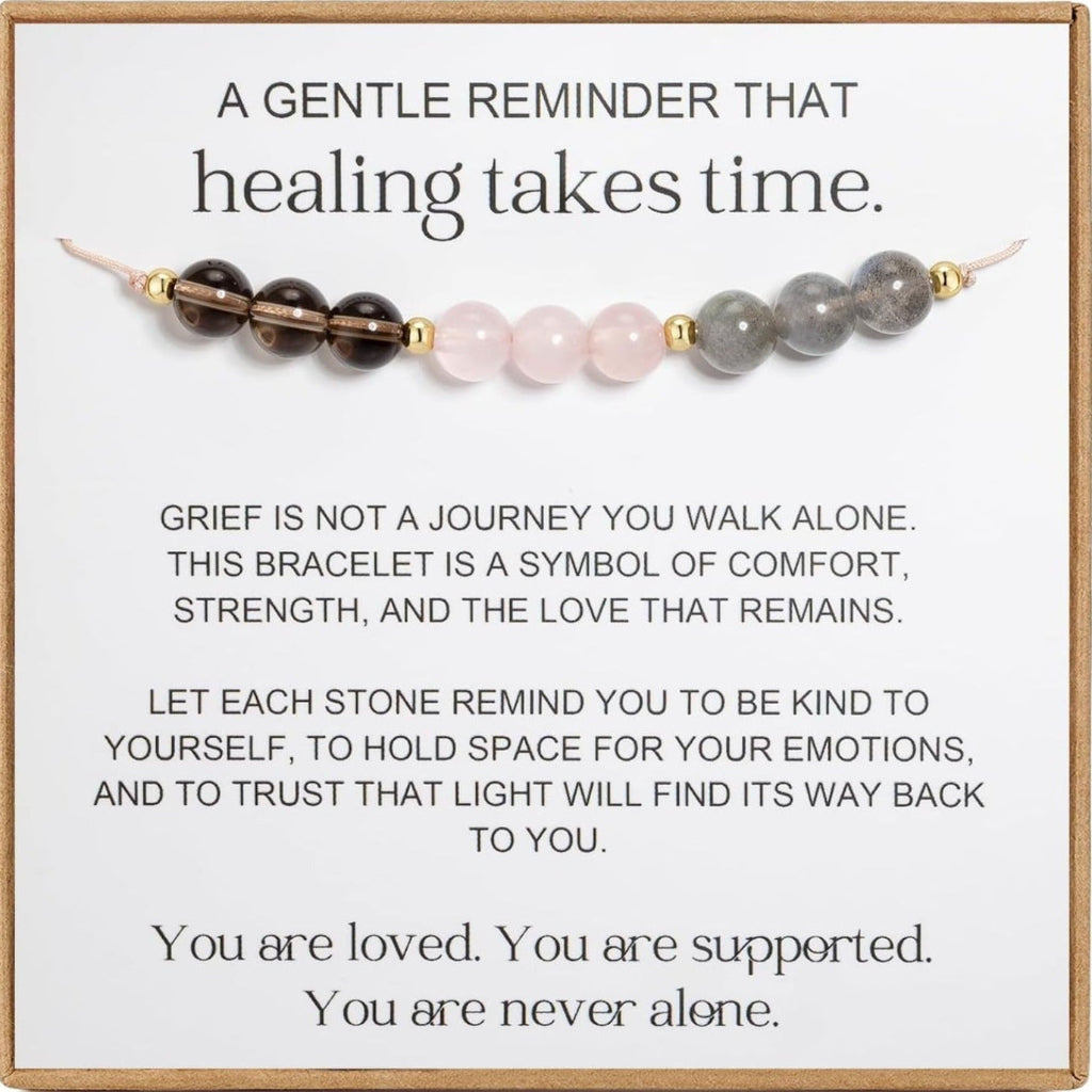 Grief Healing Sympathy Bracelet – Smoky Quartz Rose Quartz Labradorite Adjustable Crystal Bracelet with Gift Card