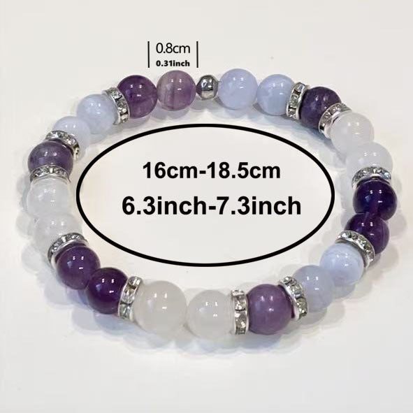 3 Chakra Healing Crystal Bracelet – Amethyst Blue Lace Agate & Rose Quartz Stretch Bracelet for Intuition, Calm Communication & Self-Love