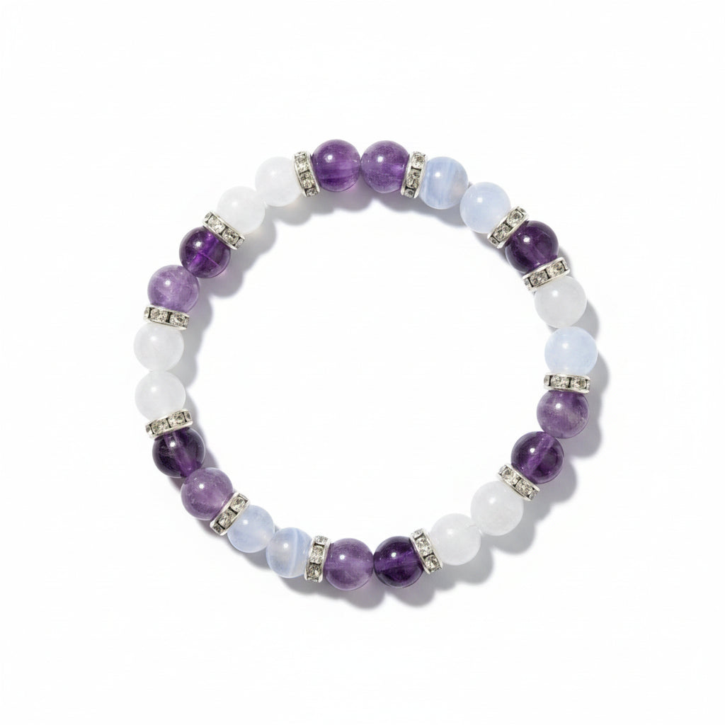 3 Chakra Healing Crystal Bracelet – Amethyst Blue Lace Agate & Rose Quartz Stretch Bracelet for Intuition, Calm Communication & Self-Love