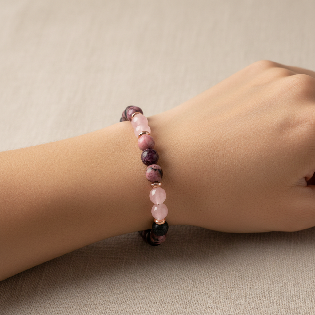 Mixed Pink Gemstone Self Love Bracelet | Rose Quartz Rhodonite Amethyst Healing Crystal Stretch Bracelet for Women