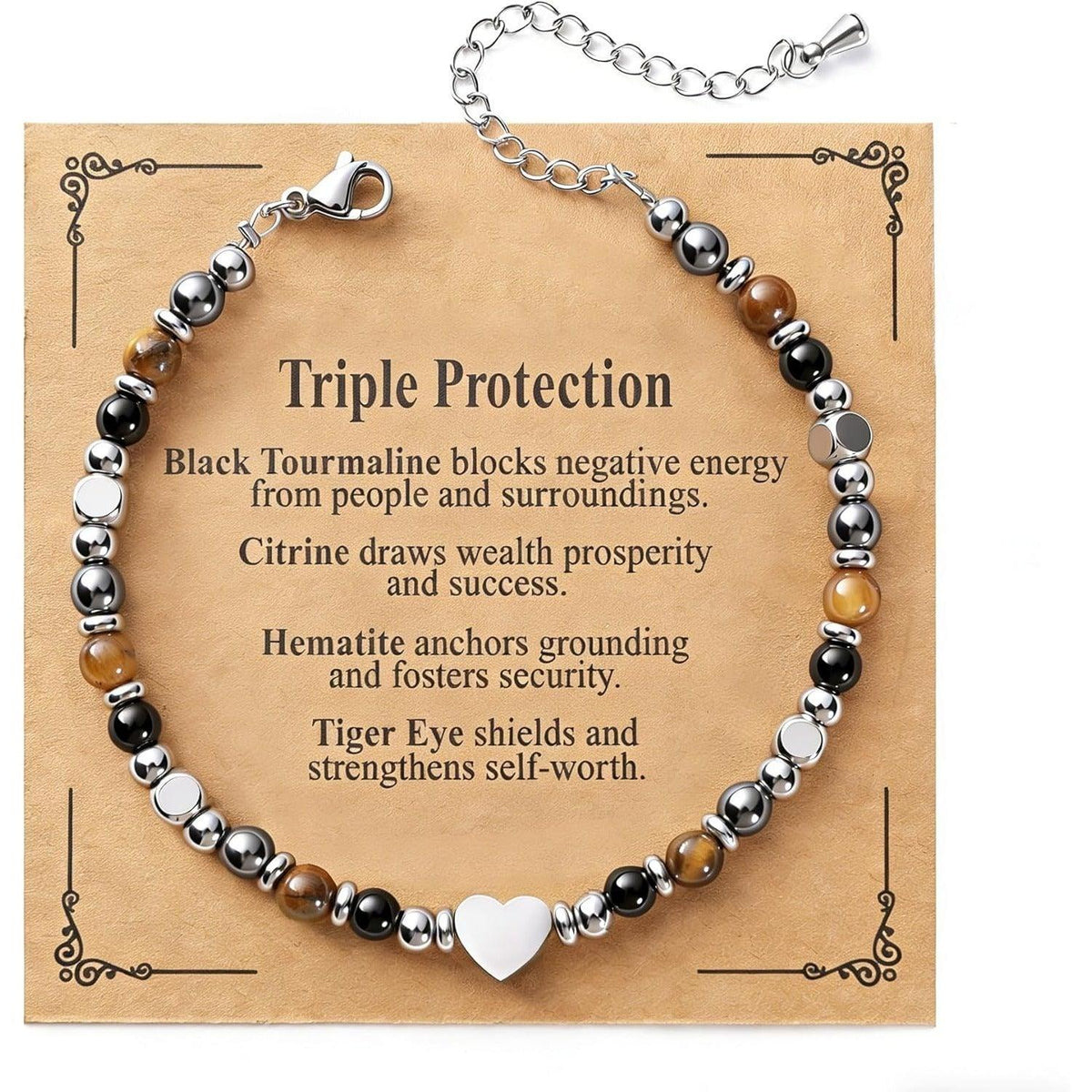 Engravable Tiger Eye & Black Obsidian Bracelet – Personalized Heart Charm Adjustable Healing Crystal Bracelet for Men & Women