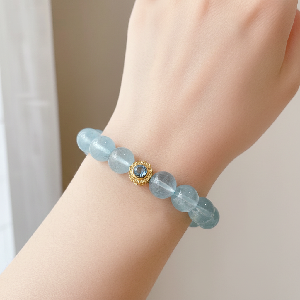 Premium Natural Aquamarine Crystal Bracelet – Icy Blue Healing & Protective Jewelry