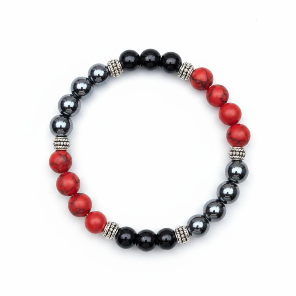 Hematite Red Turquoise & Obsidian Beaded Bracelet – Vintage Silver Spacer Grounding Protection Healing Gemstone Bracelet Unisex