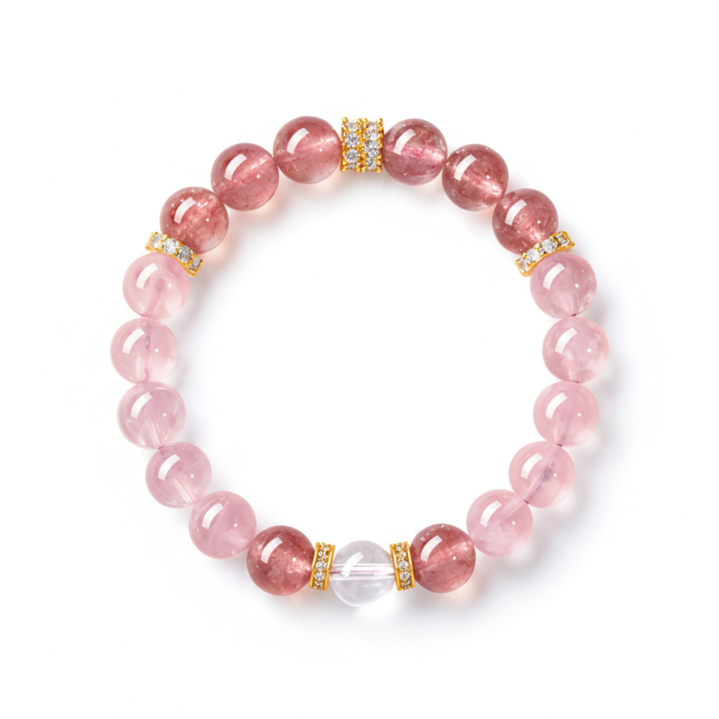 Pink quartz and strawberry crystal bracelet on a white background