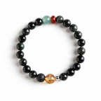 Glossy black bead bracelet with blue-green red gray golden and silver accent beads