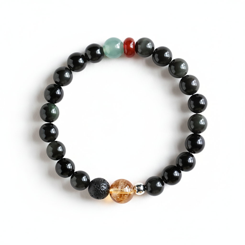 Glossy black bead bracelet with blue-green red gray golden and silver accent beads