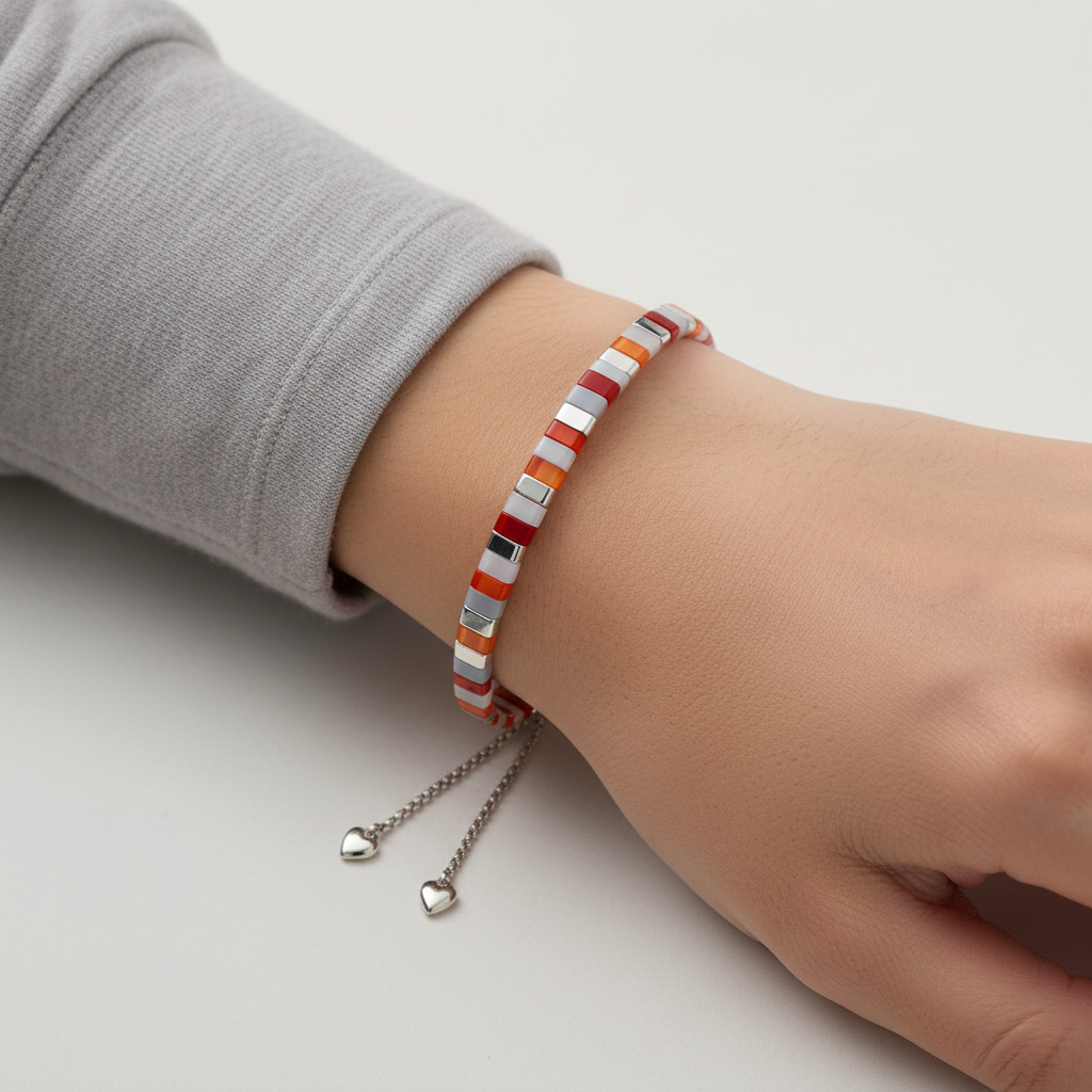 Red orange and white Tila bead bracelet worn on a wrist with silver adjustable chain