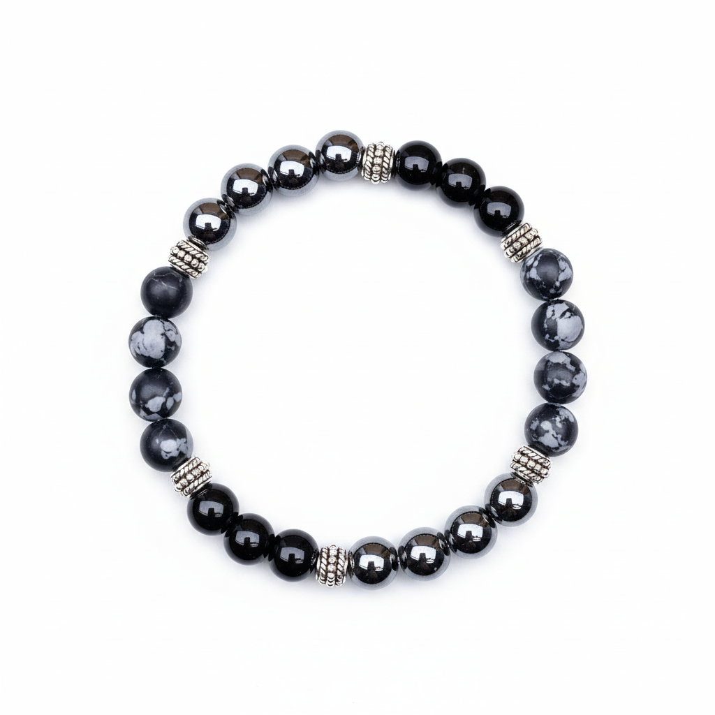 Hematite Red Turquoise & Obsidian Beaded Bracelet – Vintage Silver Spacer Grounding Protection Healing Gemstone Bracelet Unisex