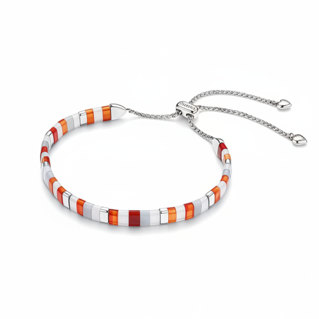Red orange and white Tila tile bead bracelet with silver adjustable slider chain