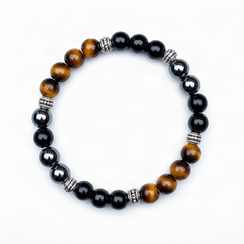 Hematite Red Turquoise & Obsidian Beaded Bracelet – Vintage Silver Spacer Grounding Protection Healing Gemstone Bracelet Unisex