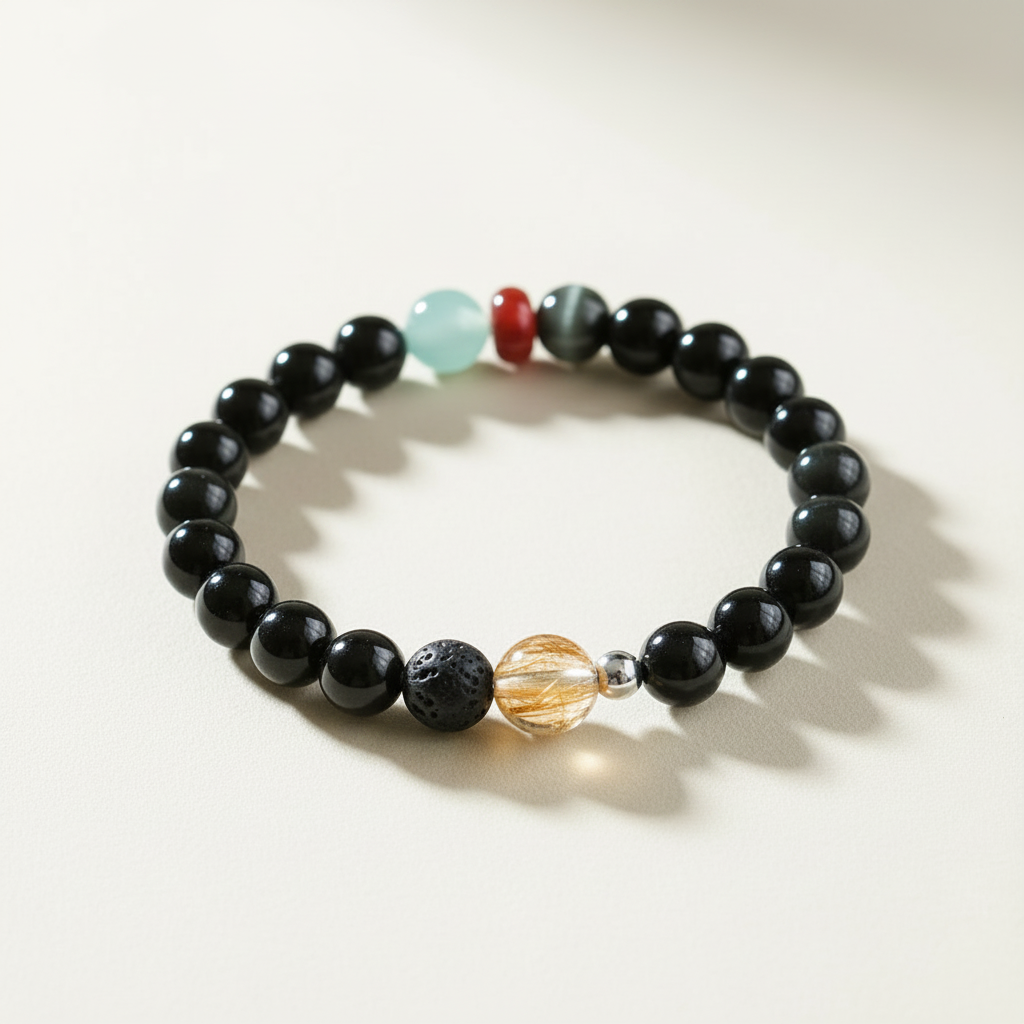 Black bead accent bracelet in an angled product display