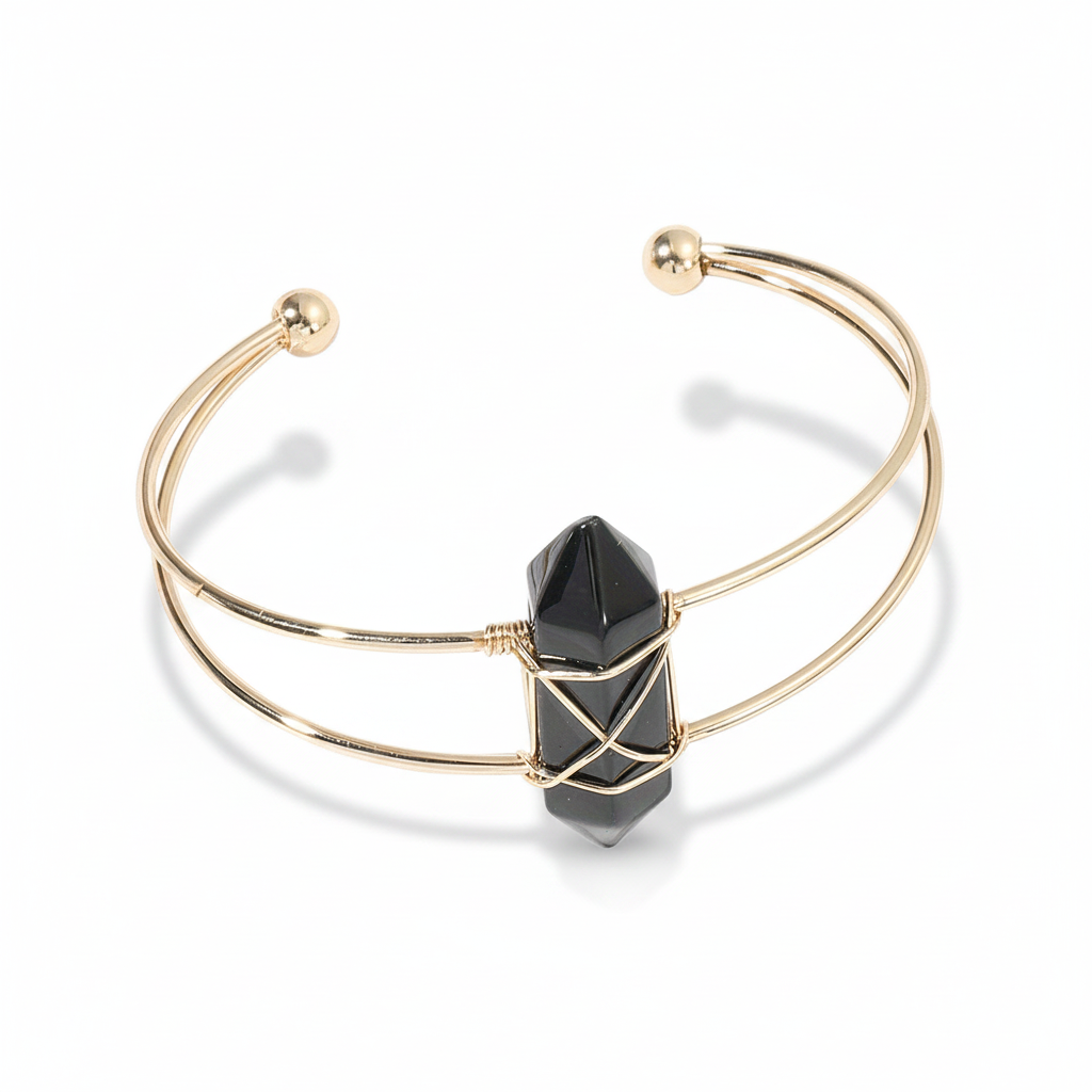 Gold double-wire open cuff bracelet with a black faceted stone