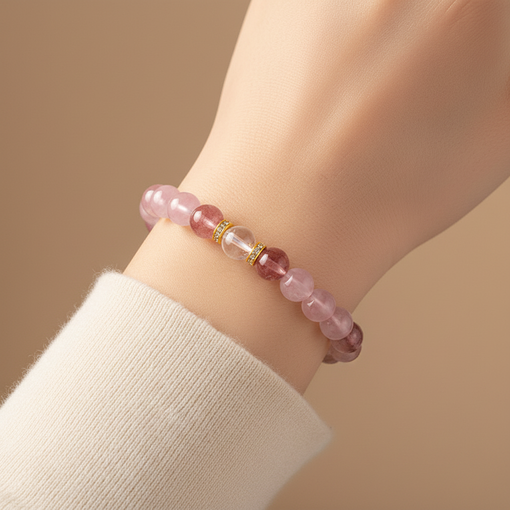 Pink crystal bracelet worn on a wrist