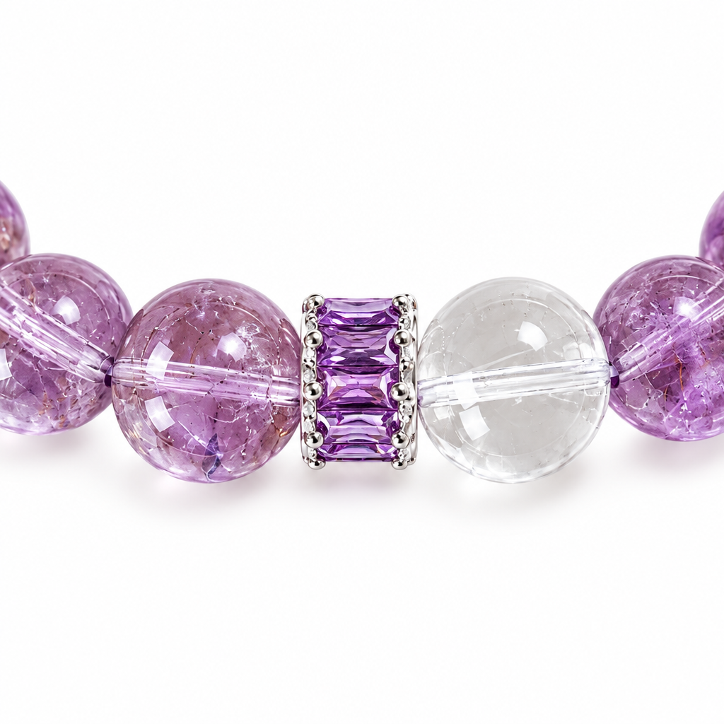 Natural Bolivian Amethyst & Clear Quartz Bracelet Macro Detail
