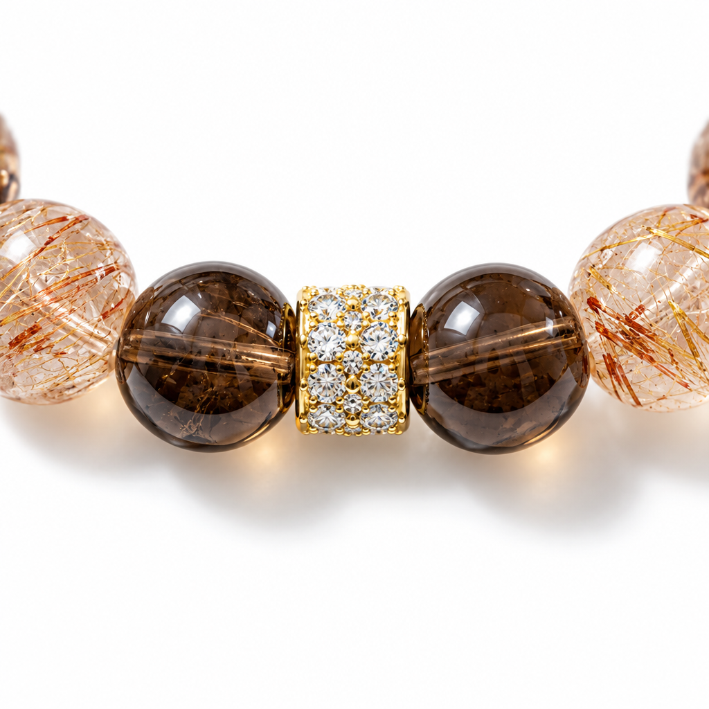 Natural Rutilated Quartz & Smoky Quartz Bracelet Macro Detail